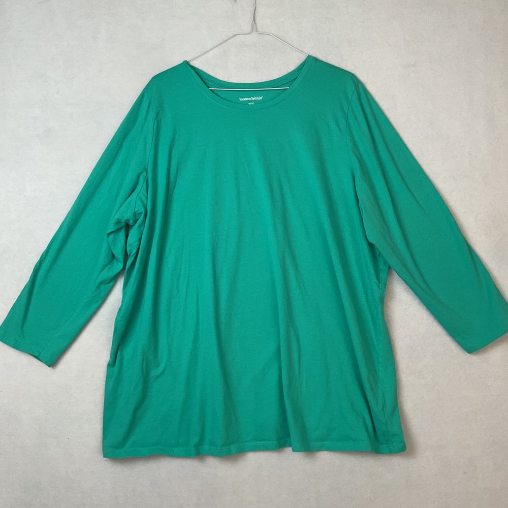 Woman Within Green 100% Cotton 3/4 Sleeve Crew Neck Tee Top 3X 30/32